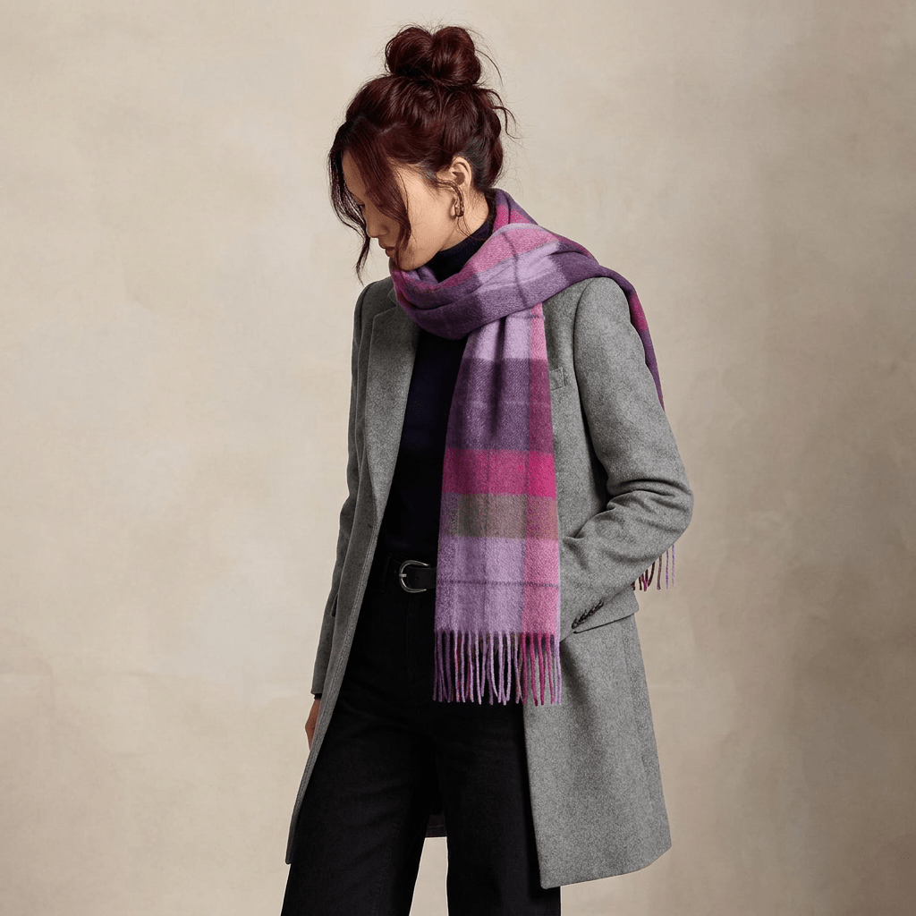Edinburgh 100% Lambswool Scarf – Premium Soft Wool Wrap - Mixed Check - Heather/Pink - Heritage Of Scotland -