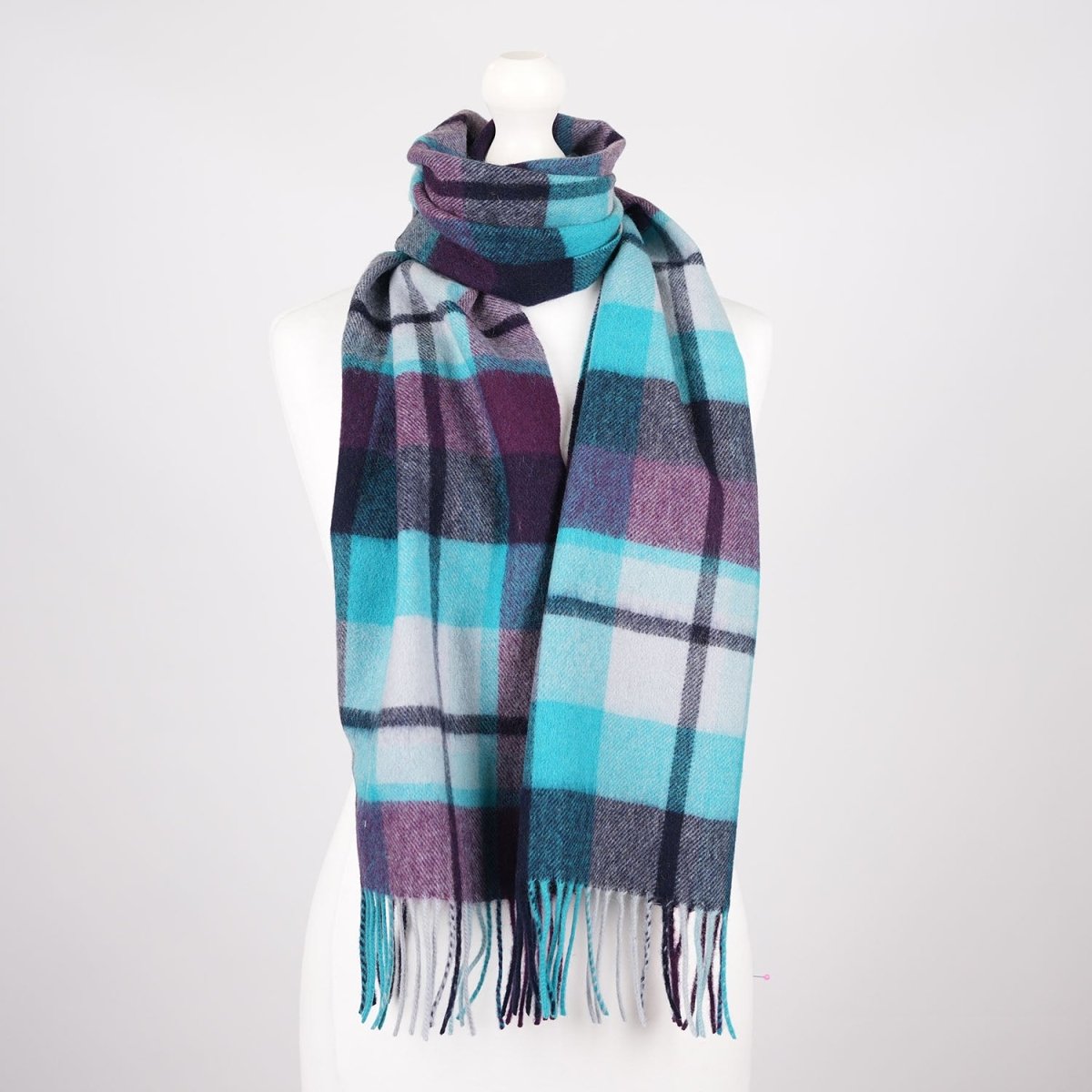 Edinburgh 100% Lambswool Scarf – Premium Soft Wool Wrap - Myriad Check - Aqua, Navy and Bordeaux - Heritage Of Scotland -