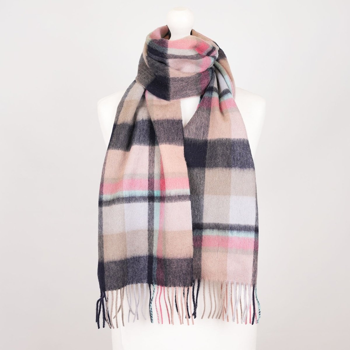 Edinburgh 100% Lambswool Scarf – Premium Soft Wool Wrap - Scarf Myriad Check - Navy,Peony and Aqua - Heritage Of Scotland -