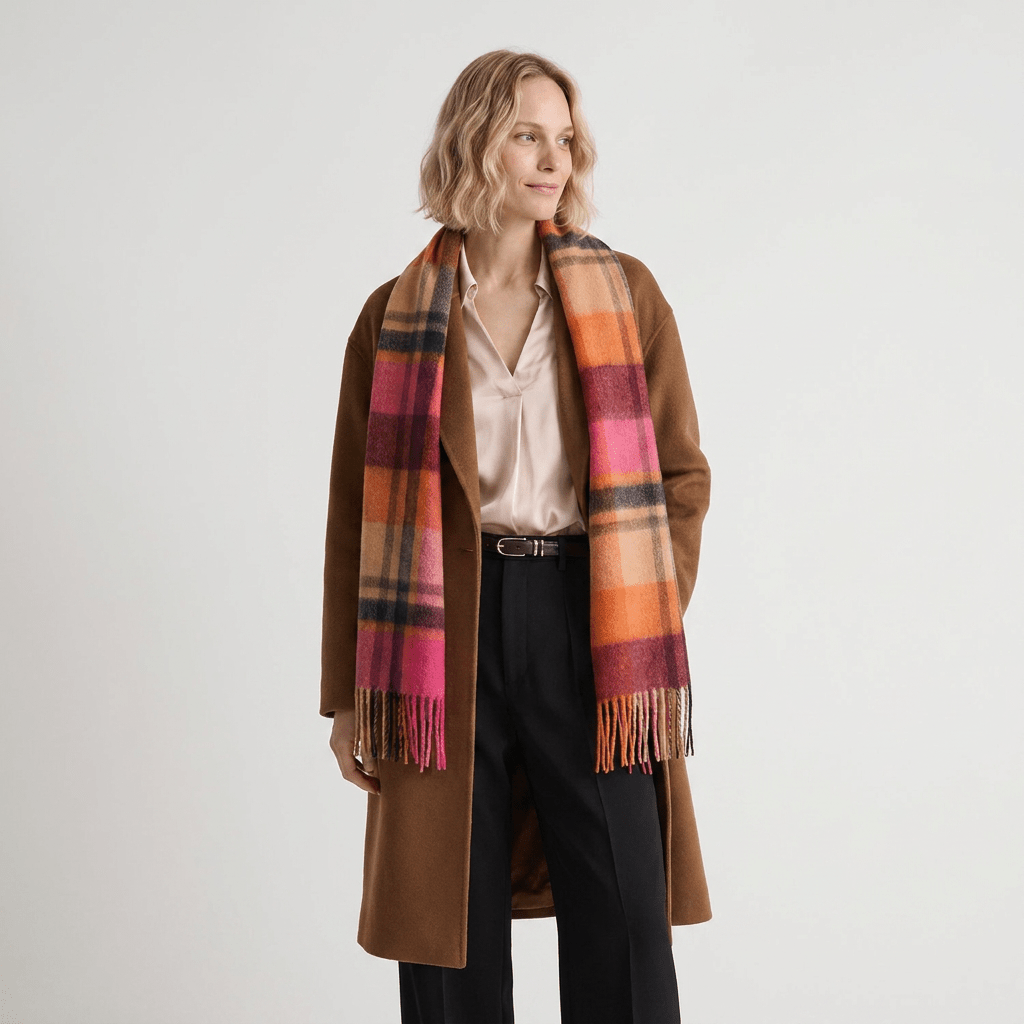 Edinburgh 100% Lambswool Scarf – Premium Soft Wool Wrap - Tartan Scarf Myriad Check - Spice/Magenta - Heritage Of Scotland -