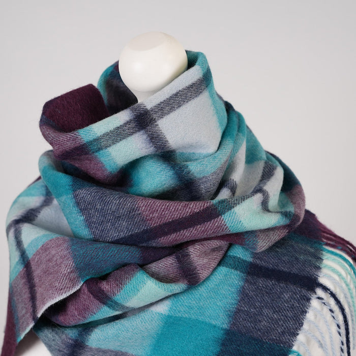 Edinburgh 100% Lambswool Tartan Scarf Myriad Check - Aqua/Navy/Bordeaux - Heritage Of Scotland - Myriad Check - Aqua/Navy/Bordeaux