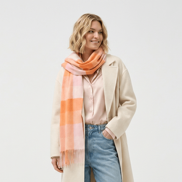 Edinburgh 100% Pure Cashmere Wide Scarf – Luxury Oversized Wrap - 5 Square Tartan Pink - Orange - Heritage Of Scotland -