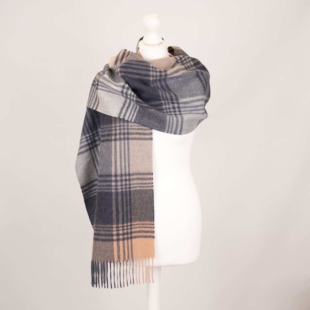 Edinburgh 100% Pure Cashmere Wide Scarf – Luxury Oversized Wrap - Broken Check - Navy and Camel - Heritage Of Scotland -