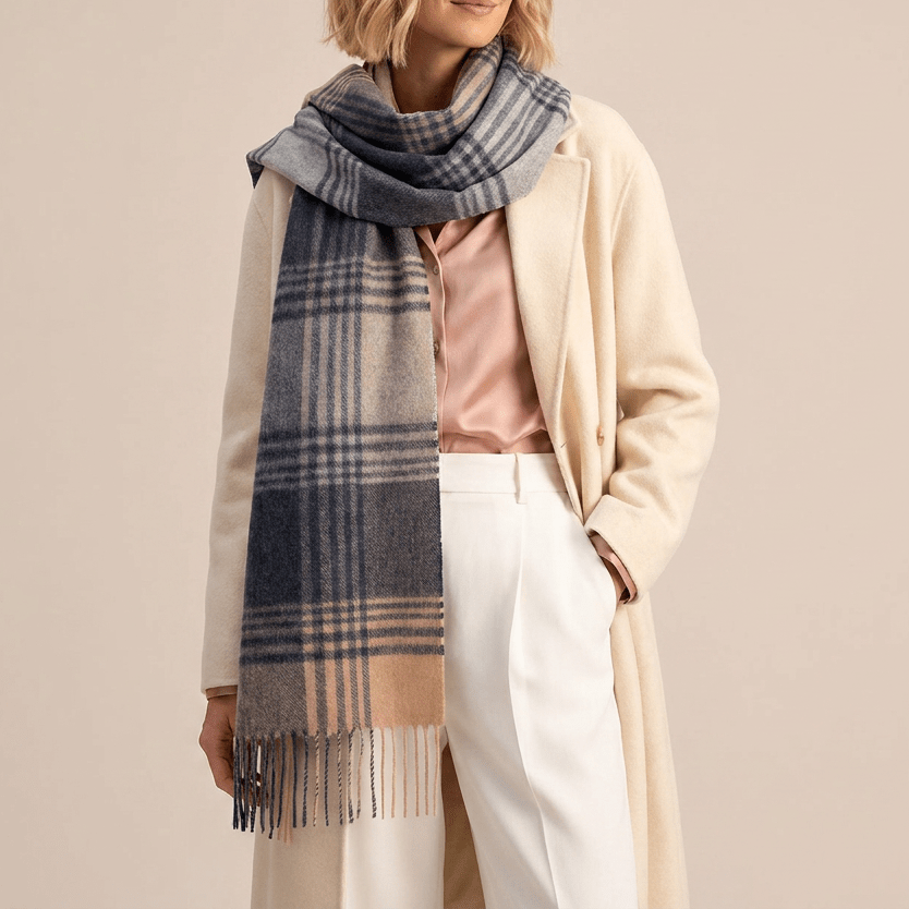 Edinburgh 100% Pure Cashmere Wide Scarf – Luxury Oversized Wrap - Broken Check - Navy and Camel - Heritage Of Scotland -