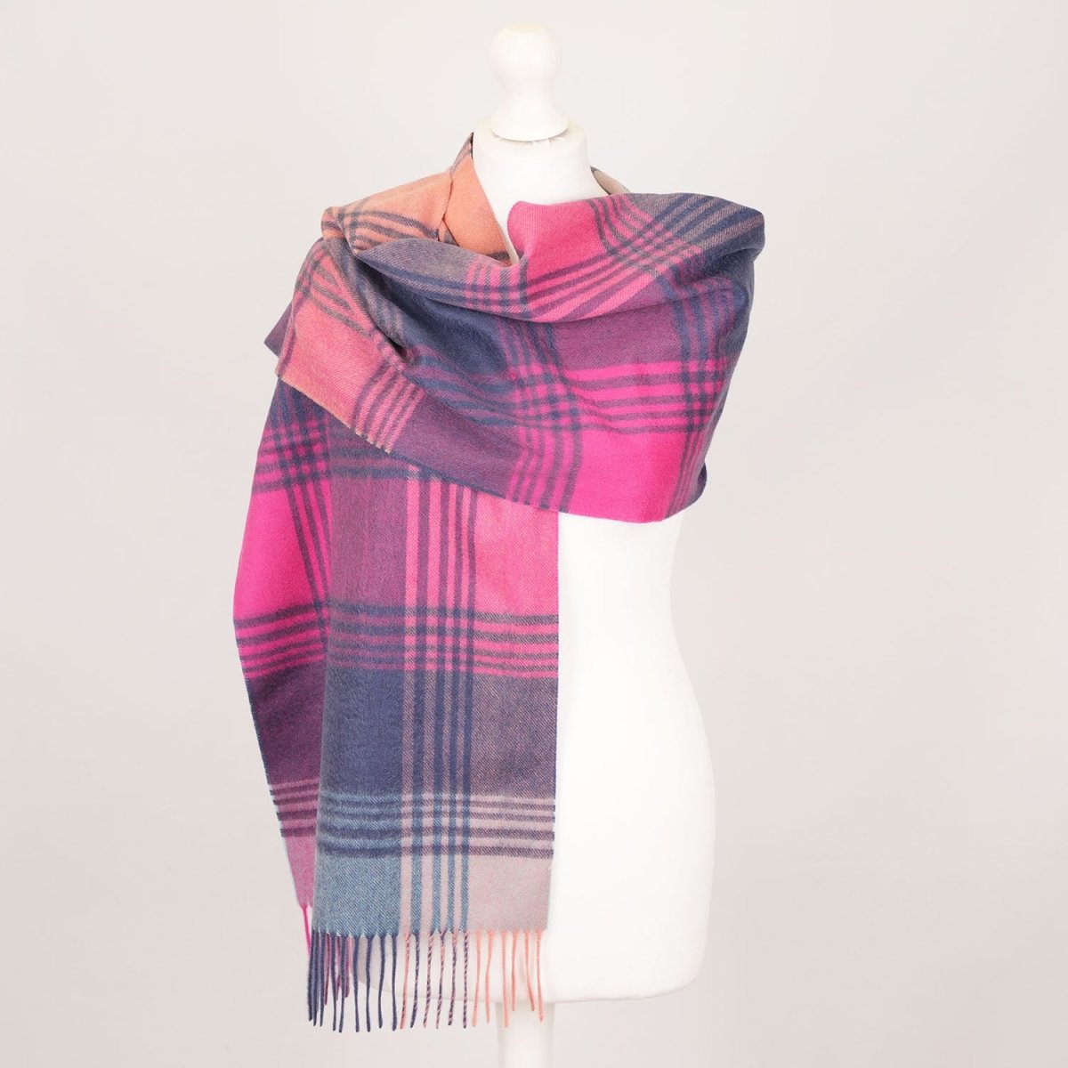 Edinburgh 100% Pure Cashmere Wide Scarf – Luxury Oversized Wrap - Broken Check - Orange - Pink - Denim - Heritage Of Scotland -