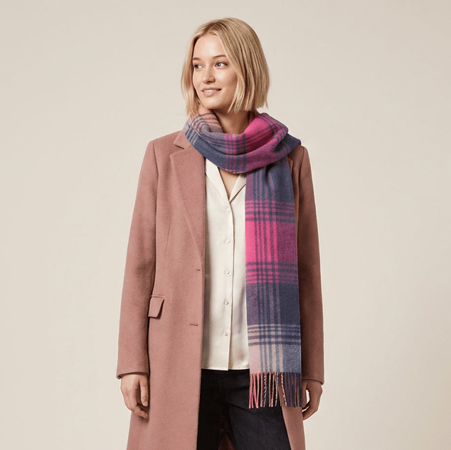 Edinburgh 100% Pure Cashmere Wide Scarf – Luxury Oversized Wrap - Broken Check - Orange - Pink - Denim - Heritage Of Scotland -