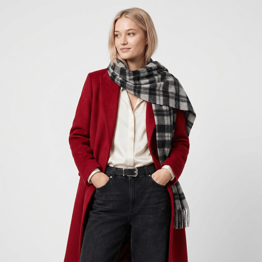 Edinburgh 100% Pure Cashmere Wide Scarf – Luxury Oversized Wrap - Mile Check - Monochrome - Heritage Of Scotland -