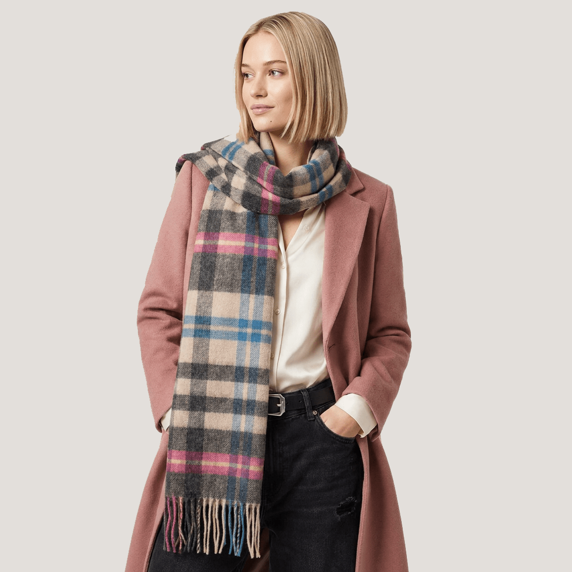 Edinburgh 100% Pure Cashmere Wide Scarf – Luxury Oversized Wrap - Mile Check - Pearl/Pewter - Heritage Of Scotland -