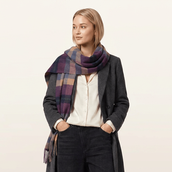 Edinburgh 100% Pure Cashmere Wide Scarf – Luxury Oversized Wrap - Scots Check – Eminence/Camel - Heritage Of Scotland -