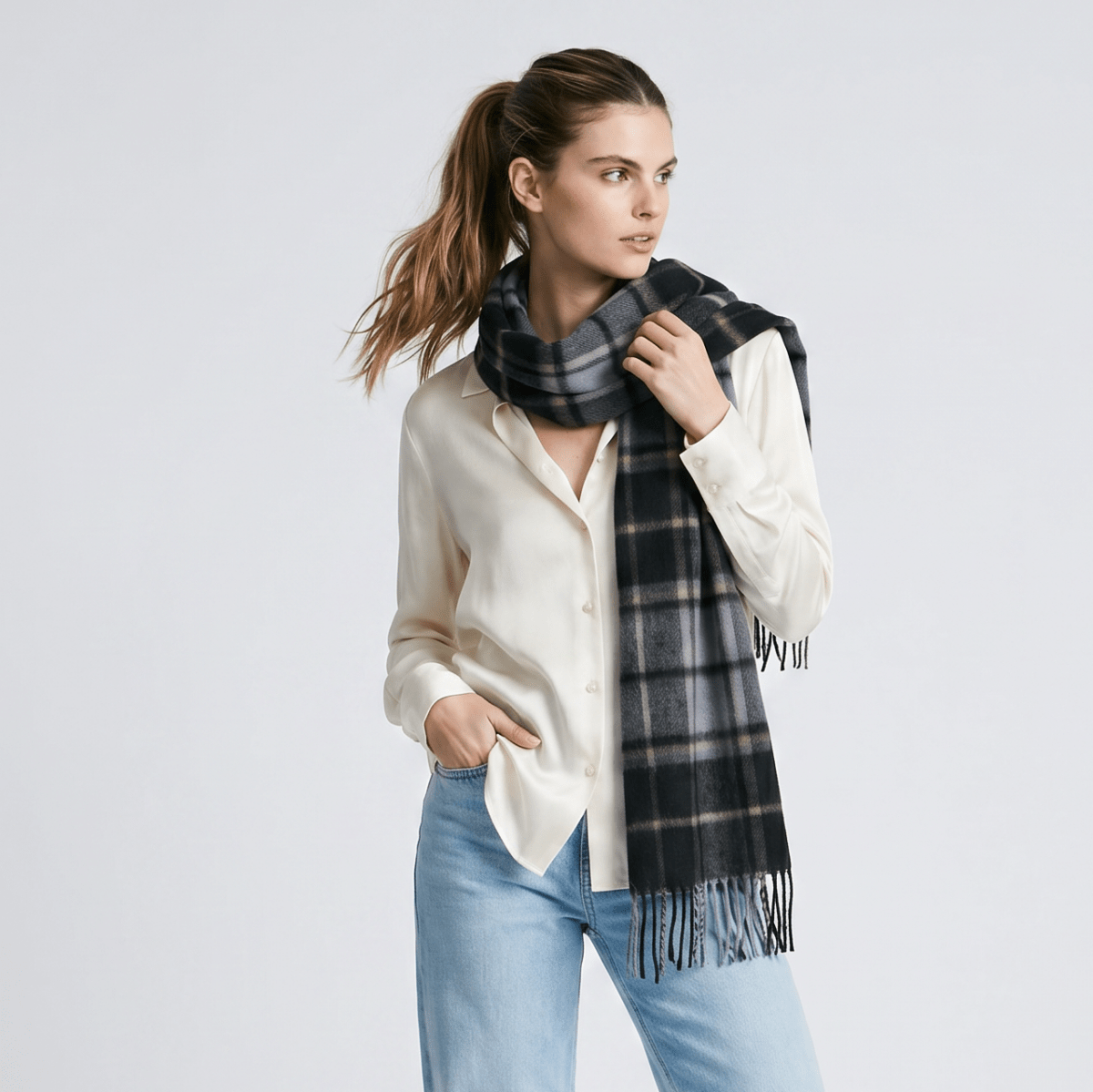 Edinburgh Cashmere Premium Lightweight Scarf - Soft Luxury Wrap - Forrester Black Blue - Heritage Of Scotland -