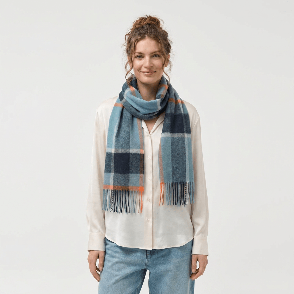Edinburgh Cashmere Premium Lightweight Scarf - Ultra-Soft Luxury Wrap - Bagshaw Check Blue - Heritage Of Scotland -