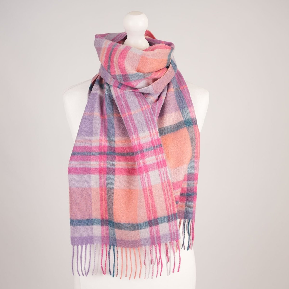 Edinburgh Cashmere Premium Lightweight Scarf - Ultra-Soft Luxury Wrap - Molton Check - Coral and Heather - Heritage Of Scotland -