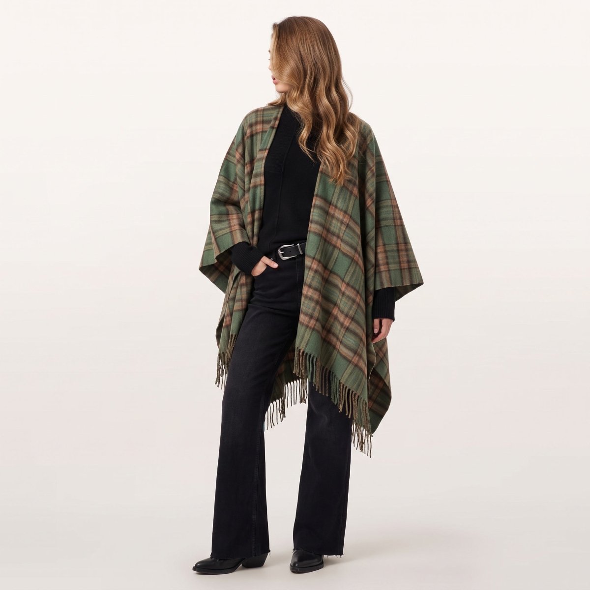 Edinburgh Lambswool Long Tartan Cape - Royal Stewart Vintage Green - Heritage Of Scotland -