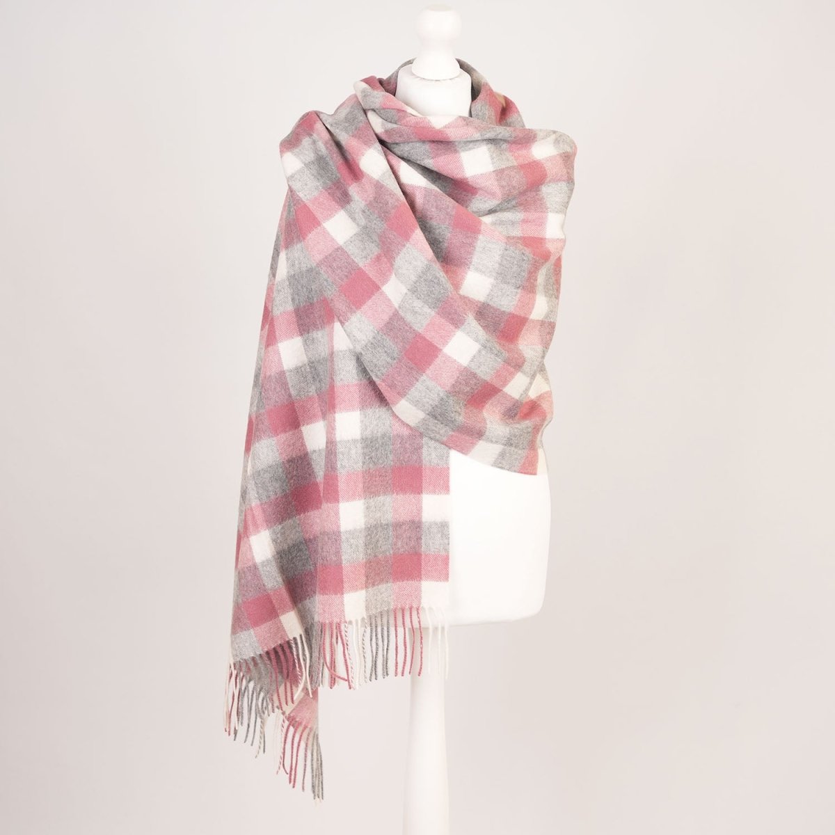 Edinburgh Lambswool Tartan Stole - Soft Luxury Check Wrap with Fringe - Big Check Muted White and Pink - Heritage Of Scotland -