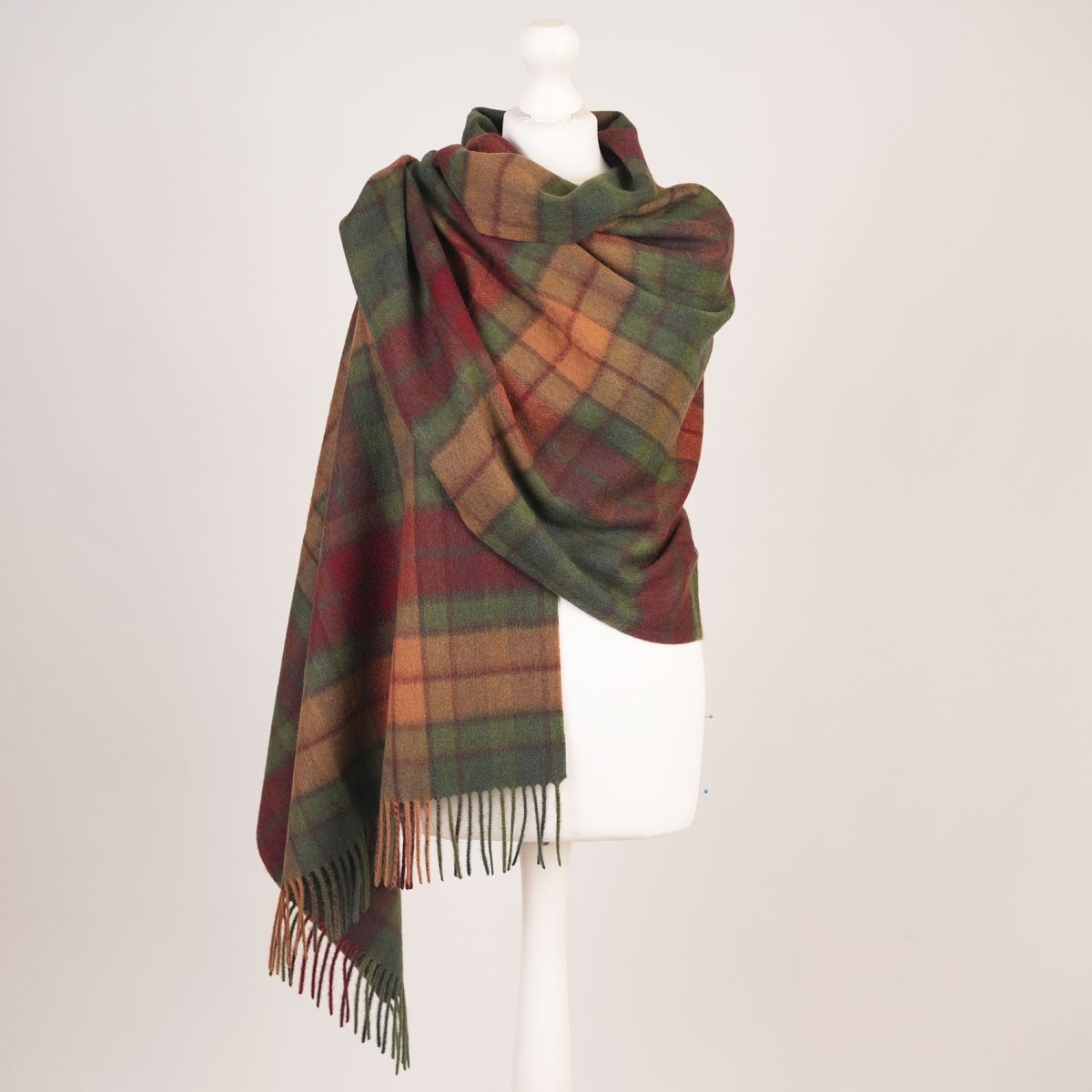 Edinburgh Lambswool Tartan Stole - Soft Luxury Check Wrap with Fringe - Buchanan Autumn - Heritage Of Scotland -
