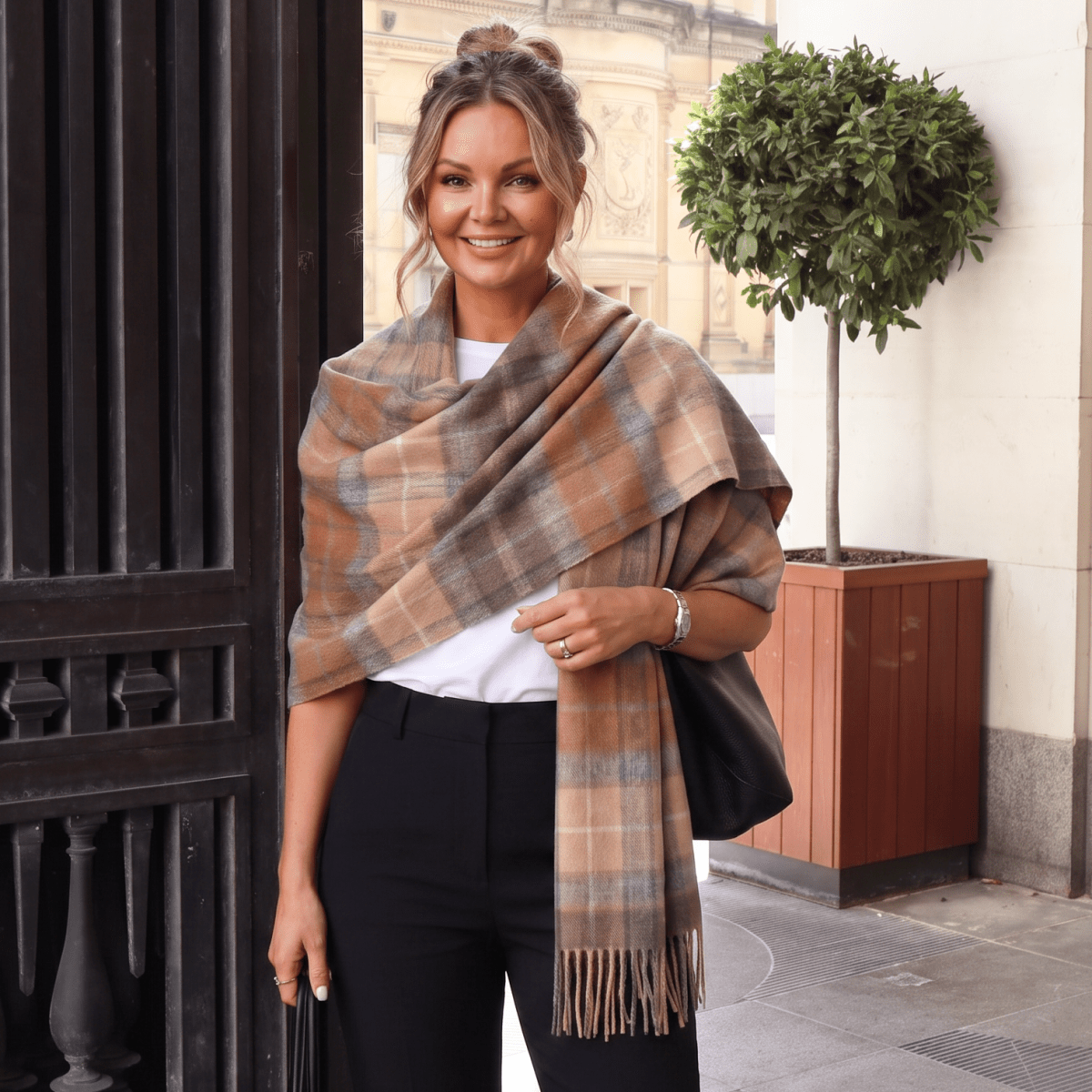 Edinburgh Lambswool Tartan Stole - Soft Luxury Check Wrap with Fringe - Buchanan Natural - Heritage Of Scotland -