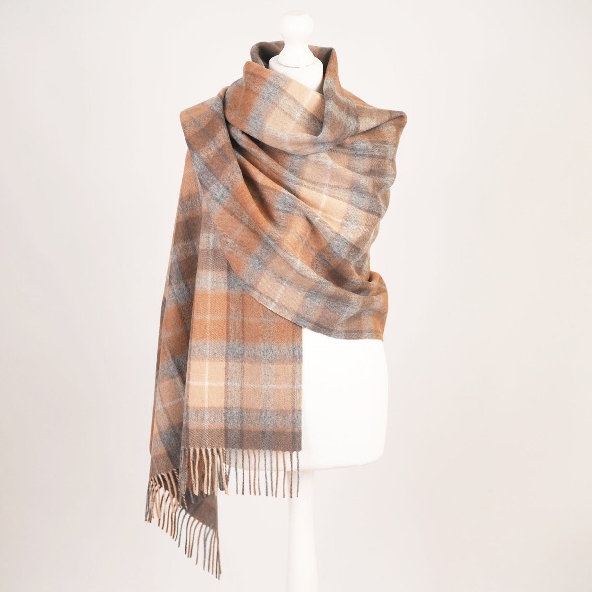 Edinburgh Lambswool Tartan Stole - Soft Luxury Check Wrap with Fringe - Buchanan Natural - Heritage Of Scotland -