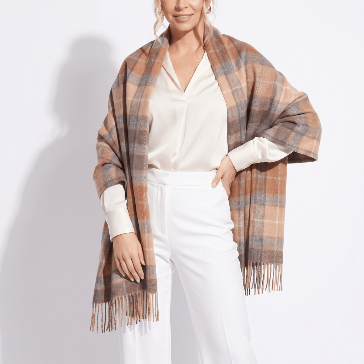 Edinburgh Lambswool Tartan Stole - Soft Luxury Check Wrap with Fringe - Buchanan Natural - Heritage Of Scotland -