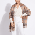 Edinburgh Lambswool Tartan Stole - Soft Luxury Check Wrap with Fringe - Buchanan Natural - Heritage Of Scotland -