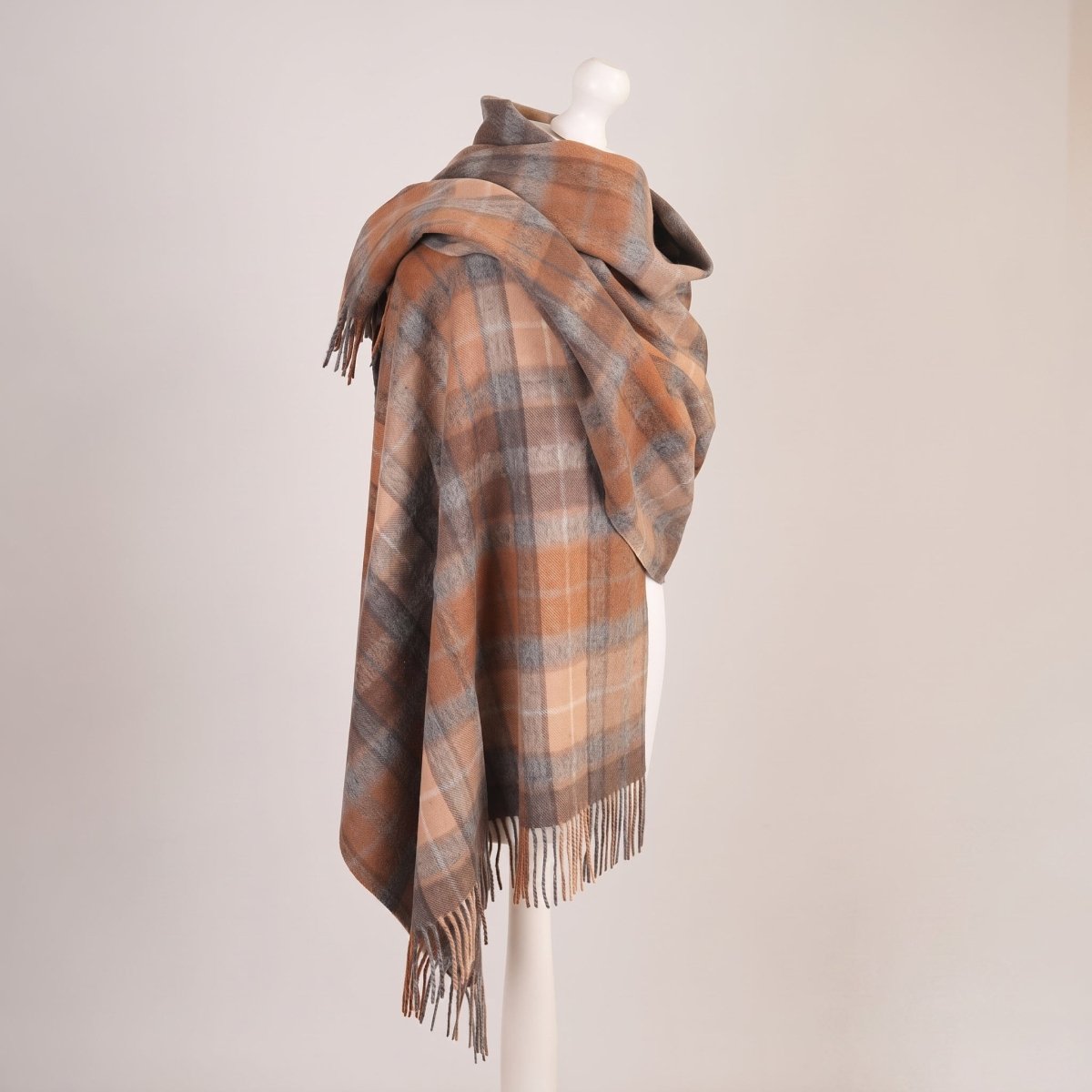 Edinburgh Lambswool Tartan Stole - Soft Luxury Check Wrap with Fringe - Buchanan Natural - Heritage Of Scotland -