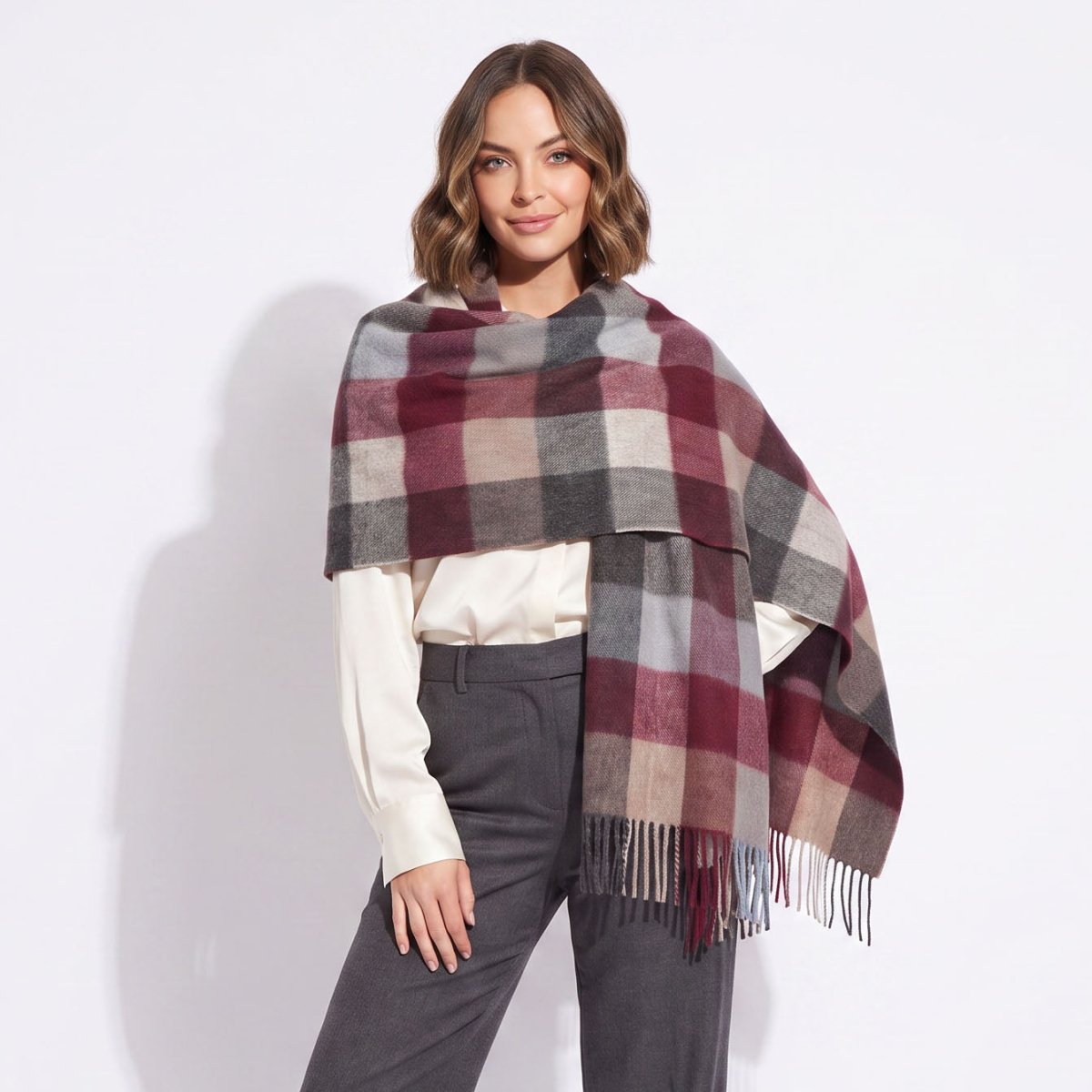 Edinburgh Lambswool Tartan Stole - Soft Luxury Check Wrap with Fringe - Checkers - Burgundy - Heritage Of Scotland -