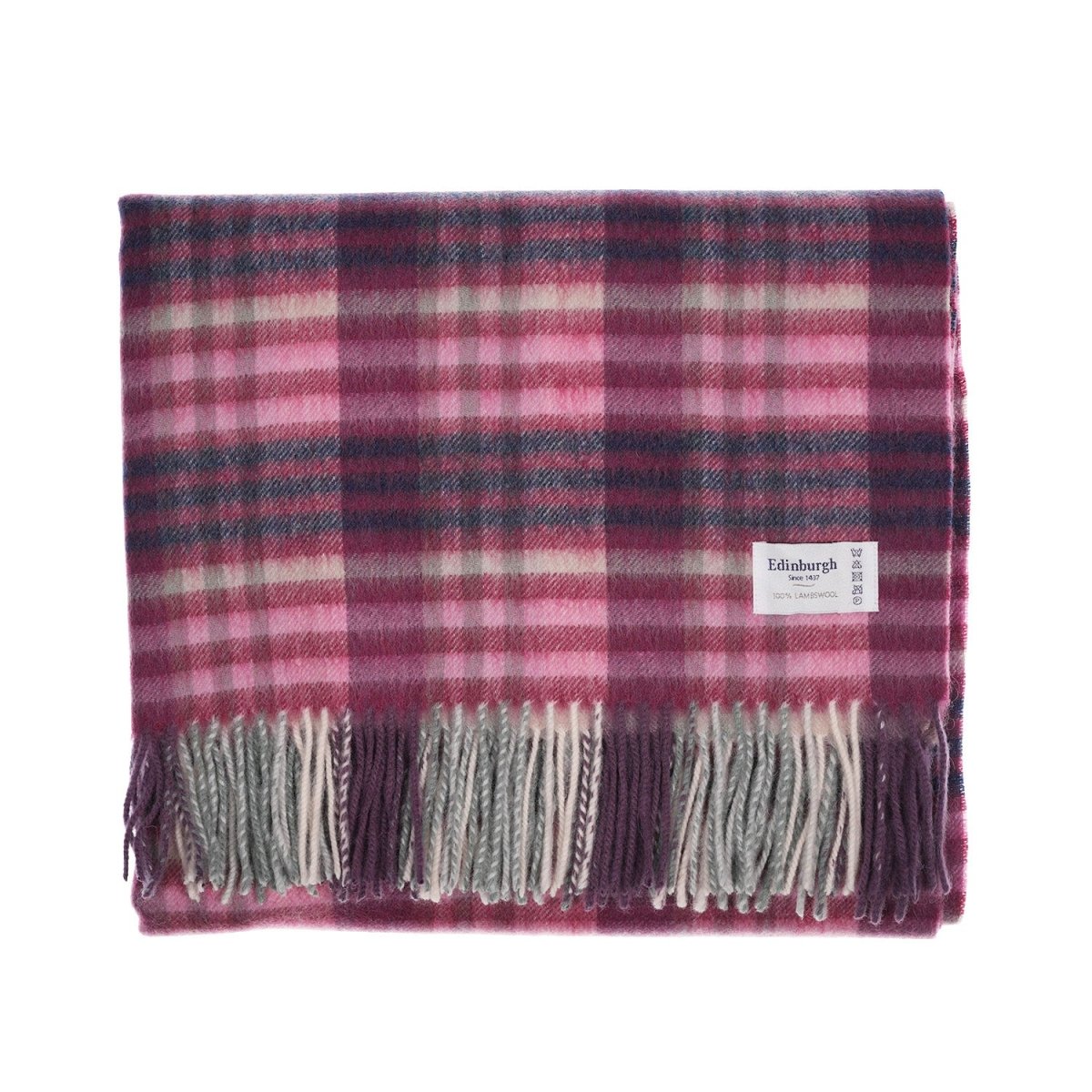 Edinburgh Lambswool Tartan Stole - Soft Luxury Check Wrap with Fringe - Cluster Gingham Astral and Berry - Heritage Of Scotland -