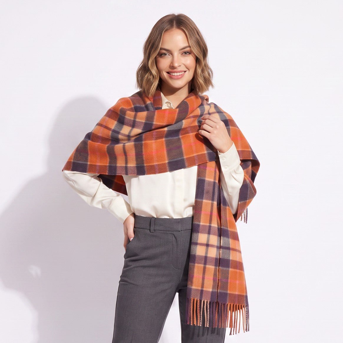 Edinburgh Lambswool Tartan Stole - Soft Luxury Check Wrap with Fringe - Cragg Check Ginger - Heritage Of Scotland -