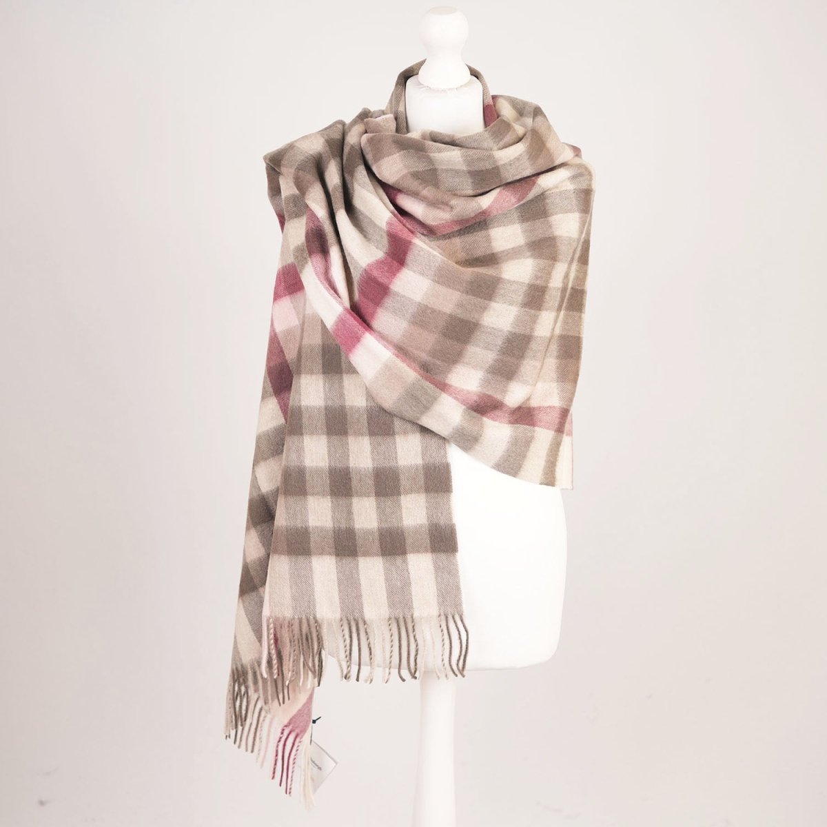 Edinburgh Lambswool Tartan Stole - Soft Luxury Check Wrap with Fringe - Giant Chequer - Pink and Taupe - Heritage Of Scotland -