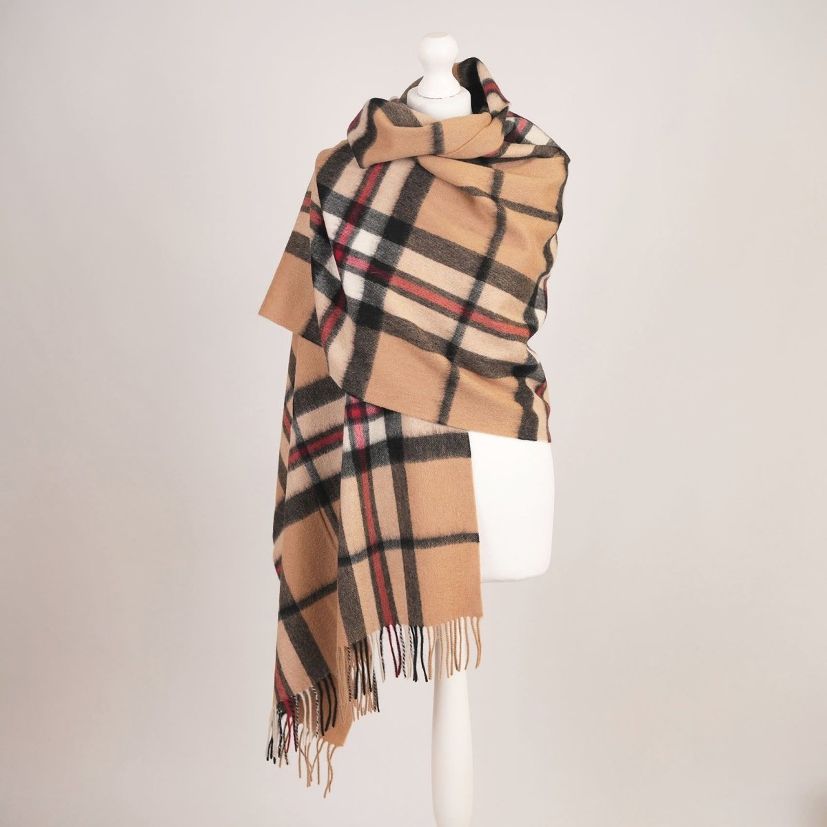 Edinburgh Lambswool Tartan Stole - Soft Luxury Check Wrap with Fringe - Thomson Camel - Heritage Of Scotland -