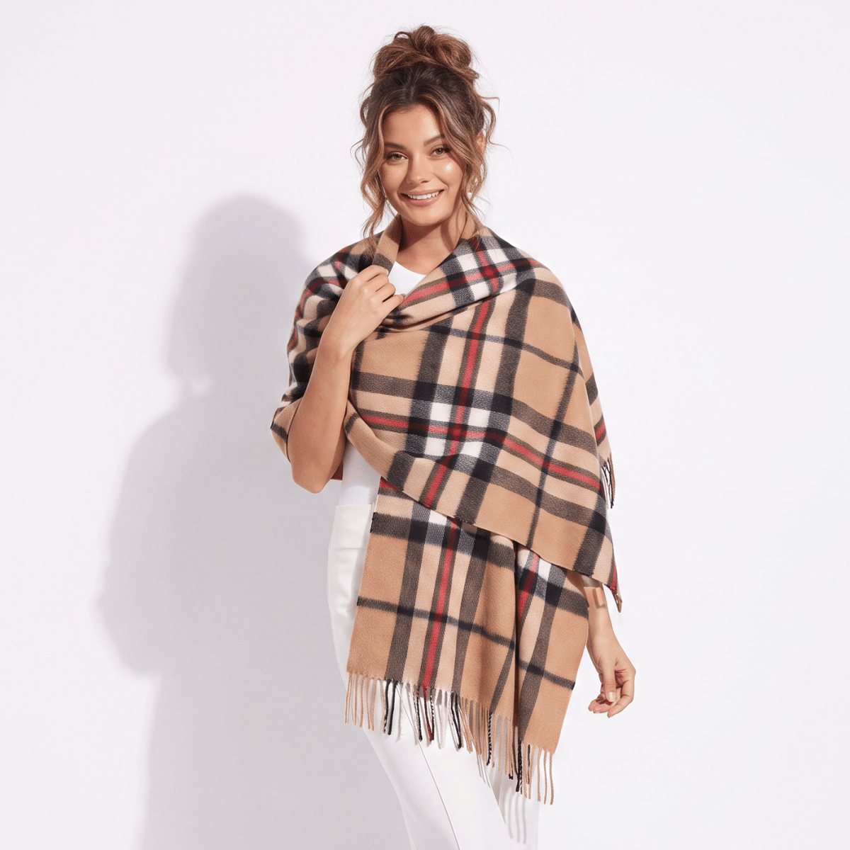 Edinburgh Lambswool Tartan Stole - Soft Luxury Check Wrap with Fringe - Thomson Camel - Heritage Of Scotland -
