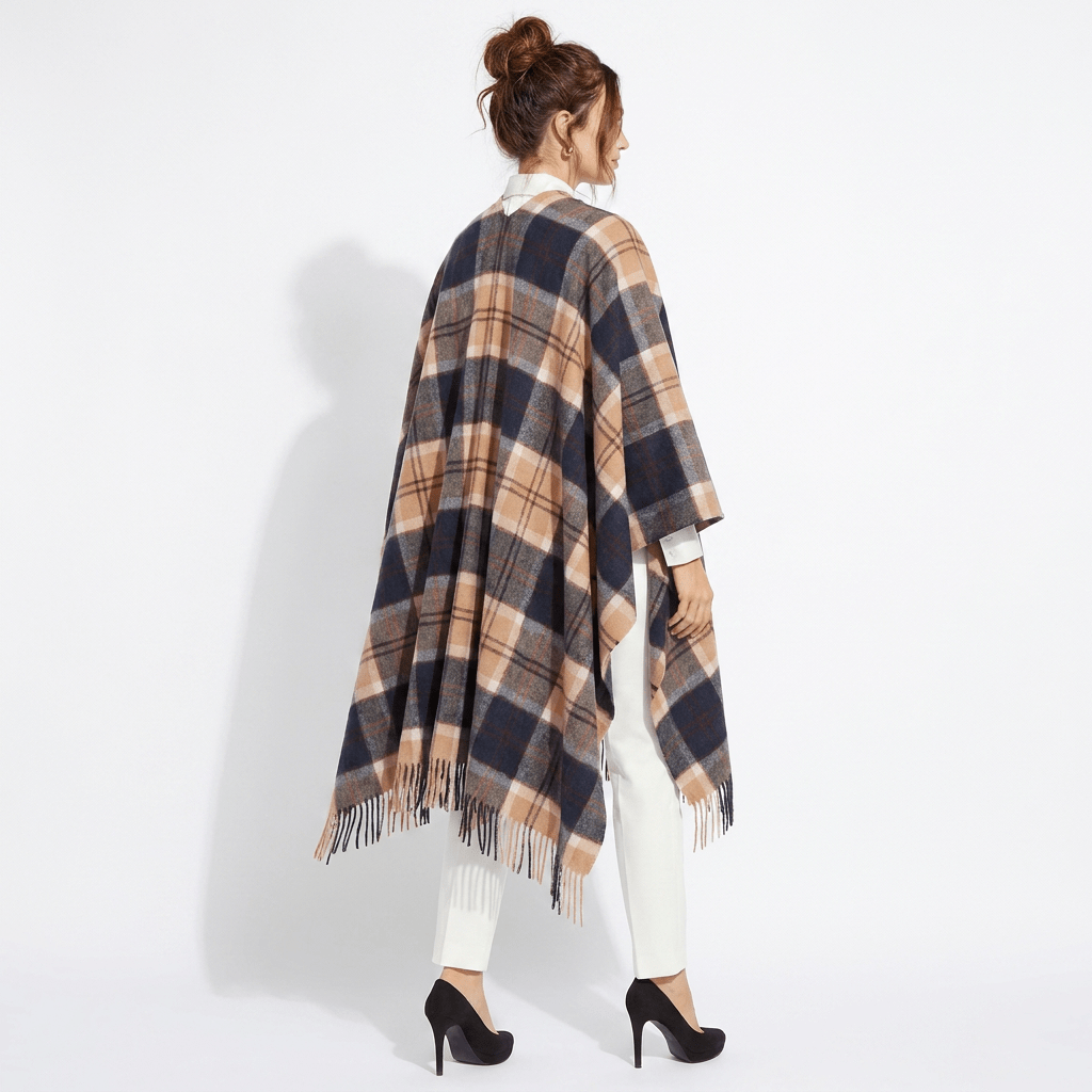 Edinburgh Long Lambswool Tartan Cape – Premium Plaid Wrap - Bannockbane Navy - Heritage Of Scotland -