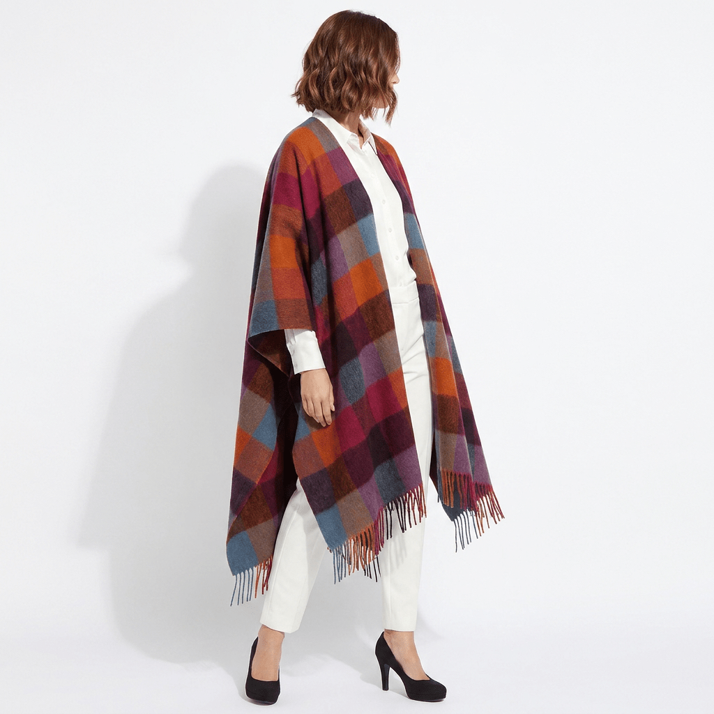 Edinburgh Long Lambswool Tartan Cape – Premium Plaid Wrap - Checkers - Orange - Pink - Heritage Of Scotland -
