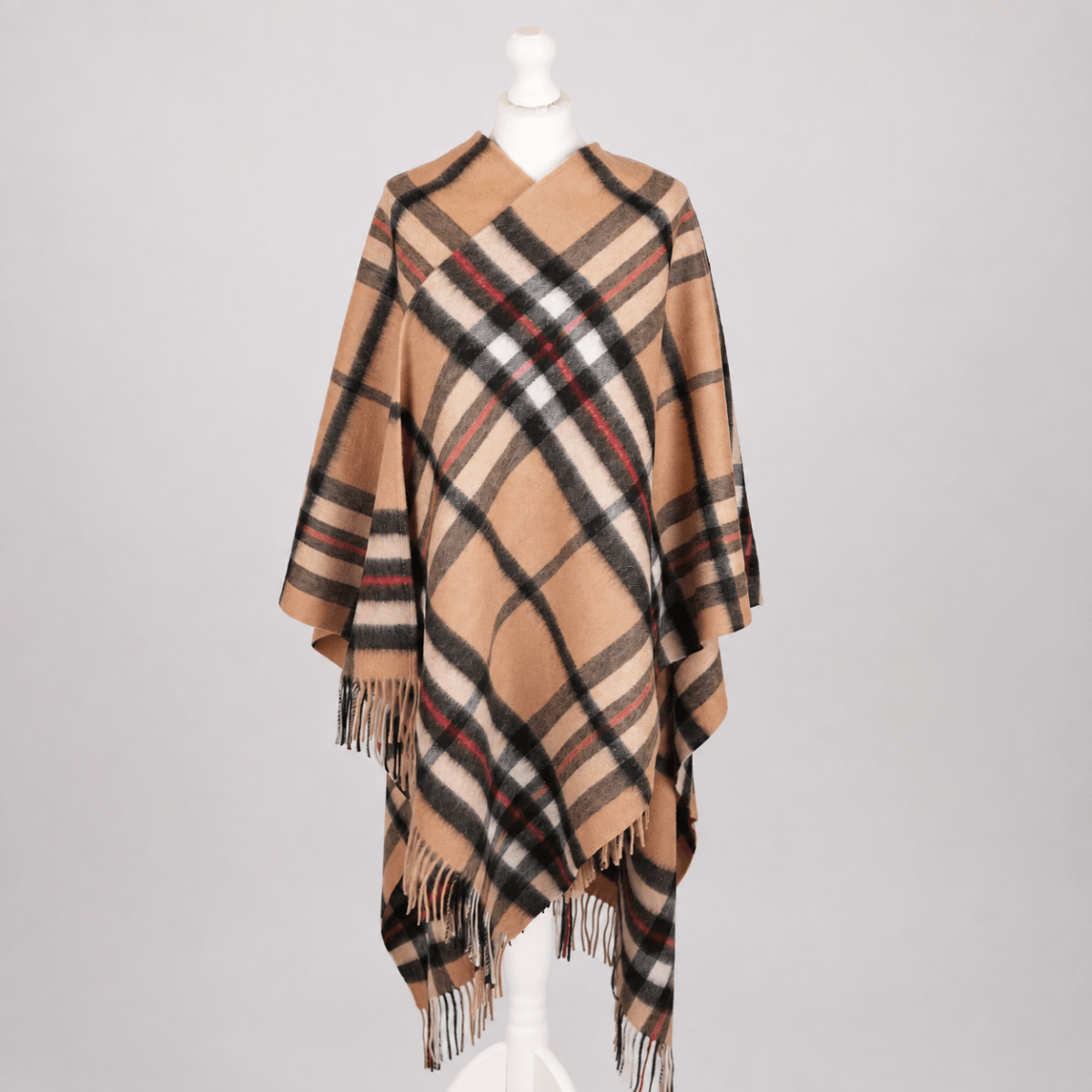 Edinburgh Long Lambswool Tartan Cape – Premium Plaid Wrap - Enlarged Off Centered Scotty Thomson Camel - Heritage Of Scotland -