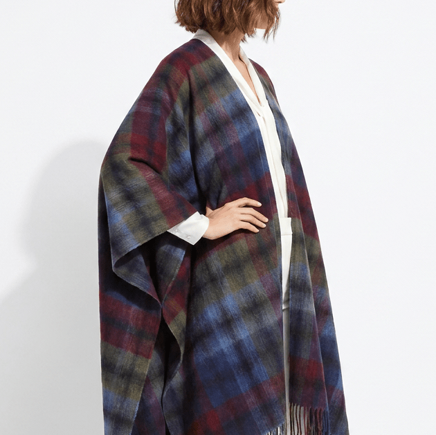 Edinburgh Long Lambswool Tartan Cape – Premium Plaid Wrap - Graded Block Check - Indigo Blue - Heritage Of Scotland -