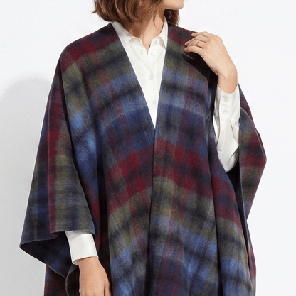 Edinburgh Long Lambswool Tartan Cape – Premium Plaid Wrap - Graded Block Check - Indigo Blue - Heritage Of Scotland -
