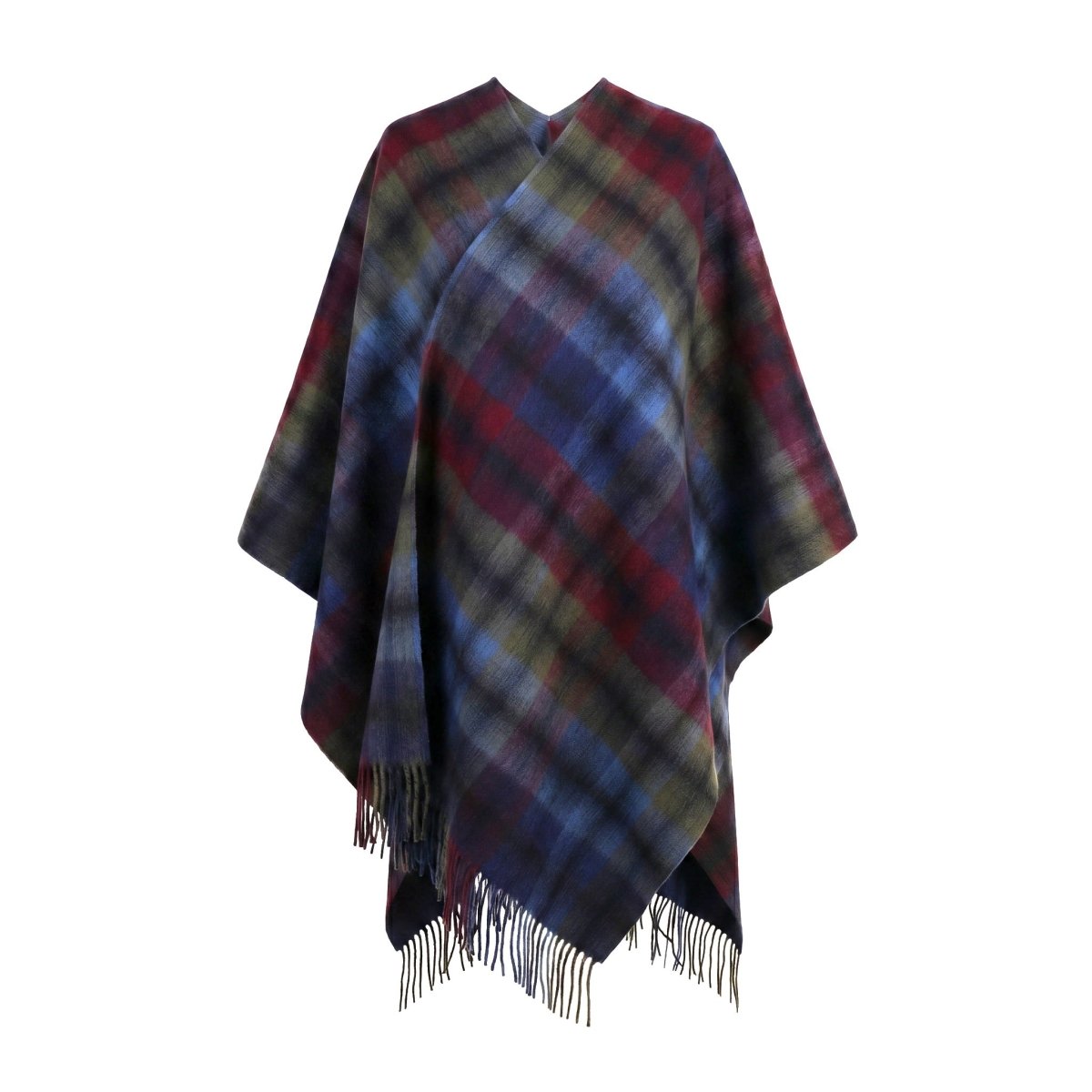 Edinburgh Long Lambswool Tartan Cape – Premium Plaid Wrap - Graded Block Check - Indigo Blue - Heritage Of Scotland -