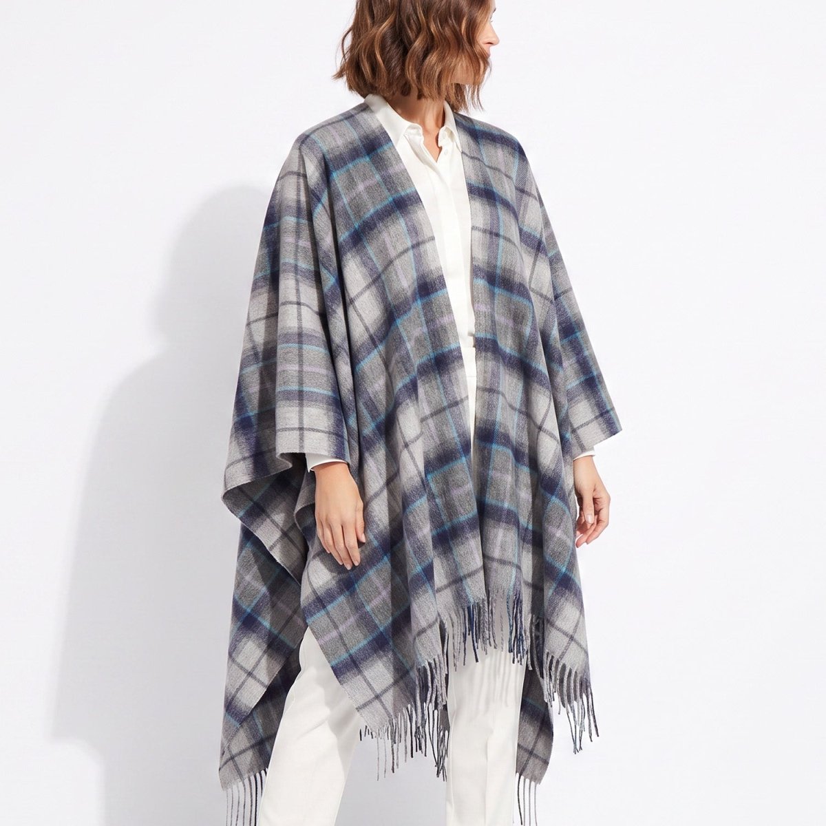 Edinburgh Long Lambswool Tartan Cape – Premium Plaid Wrap - Tweed Tartan Dover - Grey Check - Heritage Of Scotland -