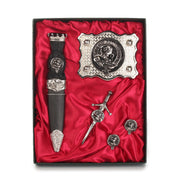 Farquharson Clan Badge, Kilt Pin, Lapel Pin, Cufflinks, Keyring/Key Fob & Gift Set — Fine Pewter by Art Pewter — Made in Scotland (Shiny Finish) - Heritage Of Scotland - Gift Set