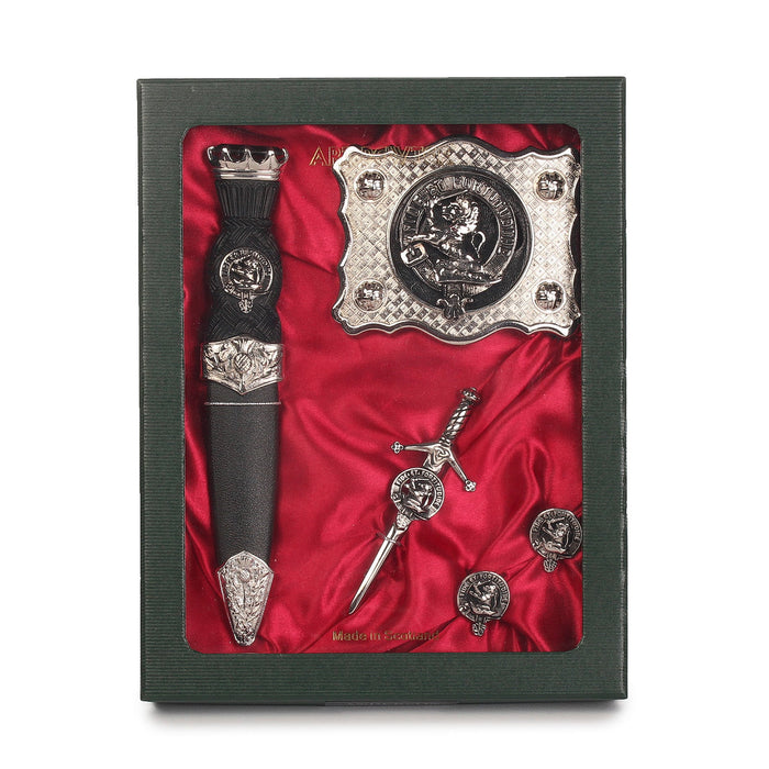 Farquharson Clan Badge, Kilt Pin, Lapel Pin, Cufflinks, Keyring/Key Fob & Gift Set — Fine Pewter by Art Pewter — Made in Scotland (Shiny Finish) - Heritage Of Scotland - Gift Set