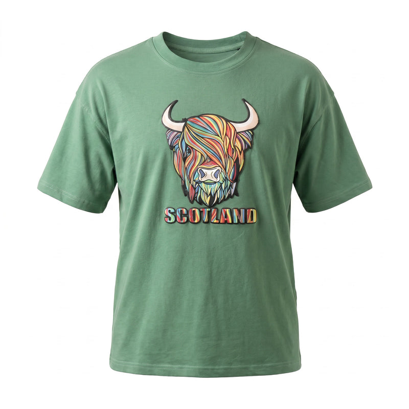Scotland Unisex Rainbow Highland Cow Graphic T-Shirt – Green