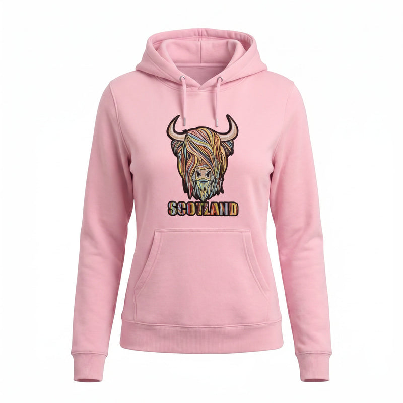 Adults Pastel Highland Cow Hooded Top - Cherry Blossom