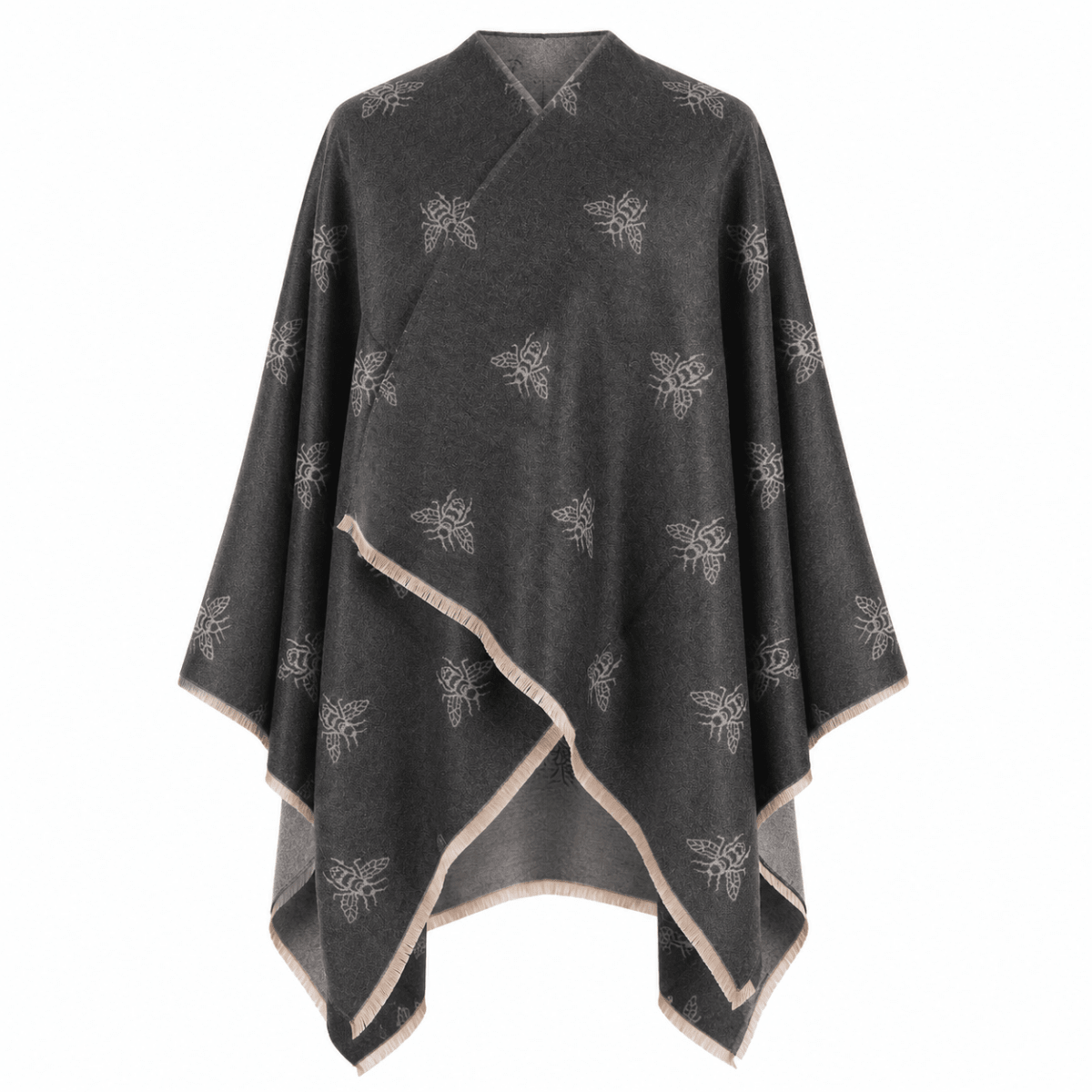 Grey Bee Print Reversible Wrap Cape for Women - DARK GREY AND LIGHT GREY - Heritage Of Scotland -