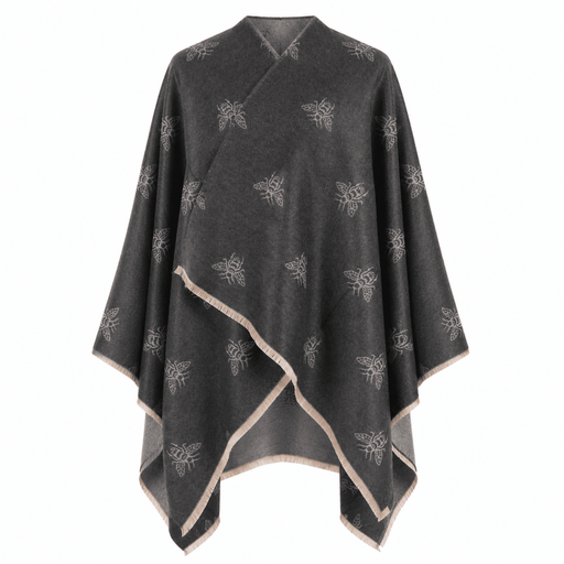 Grey Bee Print Reversible Wrap Cape for Women - DARK GREY AND LIGHT GREY - Heritage Of Scotland -
