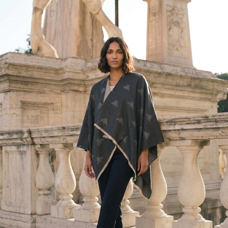 Grey Bee Print Reversible Wrap Cape for Women - DARK GREY AND LIGHT GREY - Heritage Of Scotland -