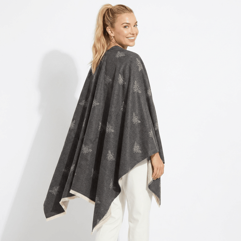 Grey Bee Print Reversible Wrap Cape for Women - DARK GREY AND LIGHT GREY - Heritage Of Scotland -