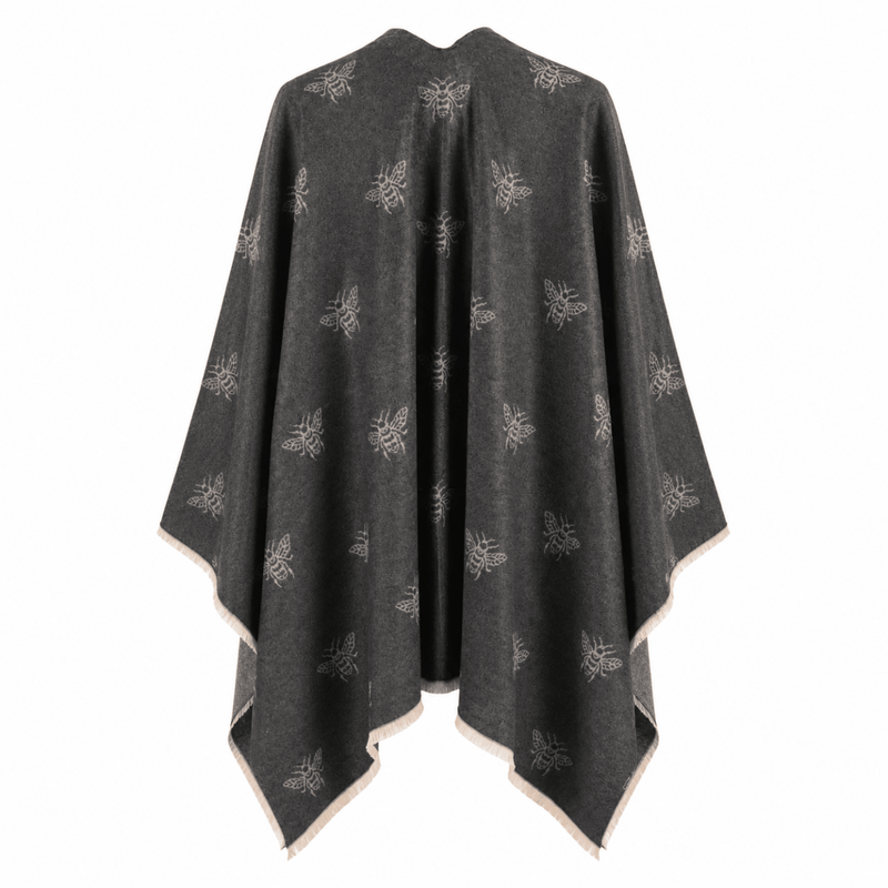 Grey Bee Print Reversible Wrap Cape for Women - DARK GREY AND LIGHT GREY - Heritage Of Scotland -