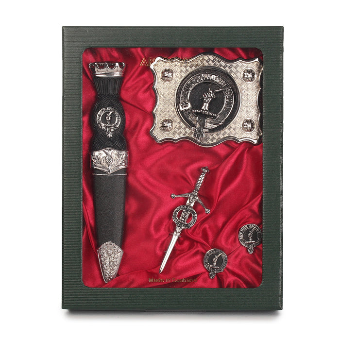 Gunn Clan Badge, Kilt Pin, Lapel Pin, Cufflinks, Keyring/Key Fob & Gift Set — Fine Pewter by Art Pewter — Made in Scotland (Shiny Finish) - Heritage Of Scotland - Gift Set