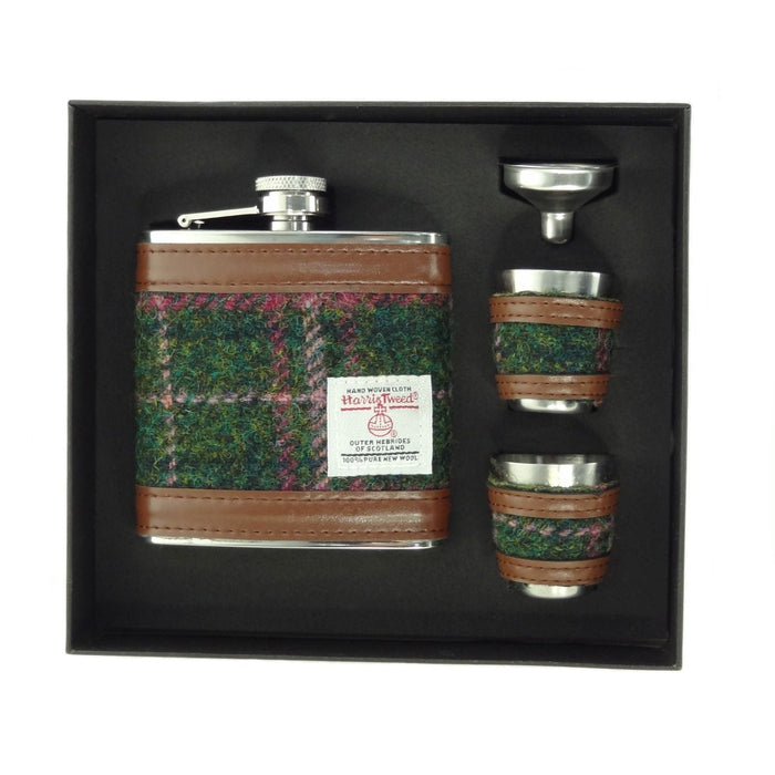 Harris Tweed 6oz Hip Flask Gift Set – Flask, Funnel and Cups - Heritage Of Scotland - Dark Green & Plum Check (COL107)