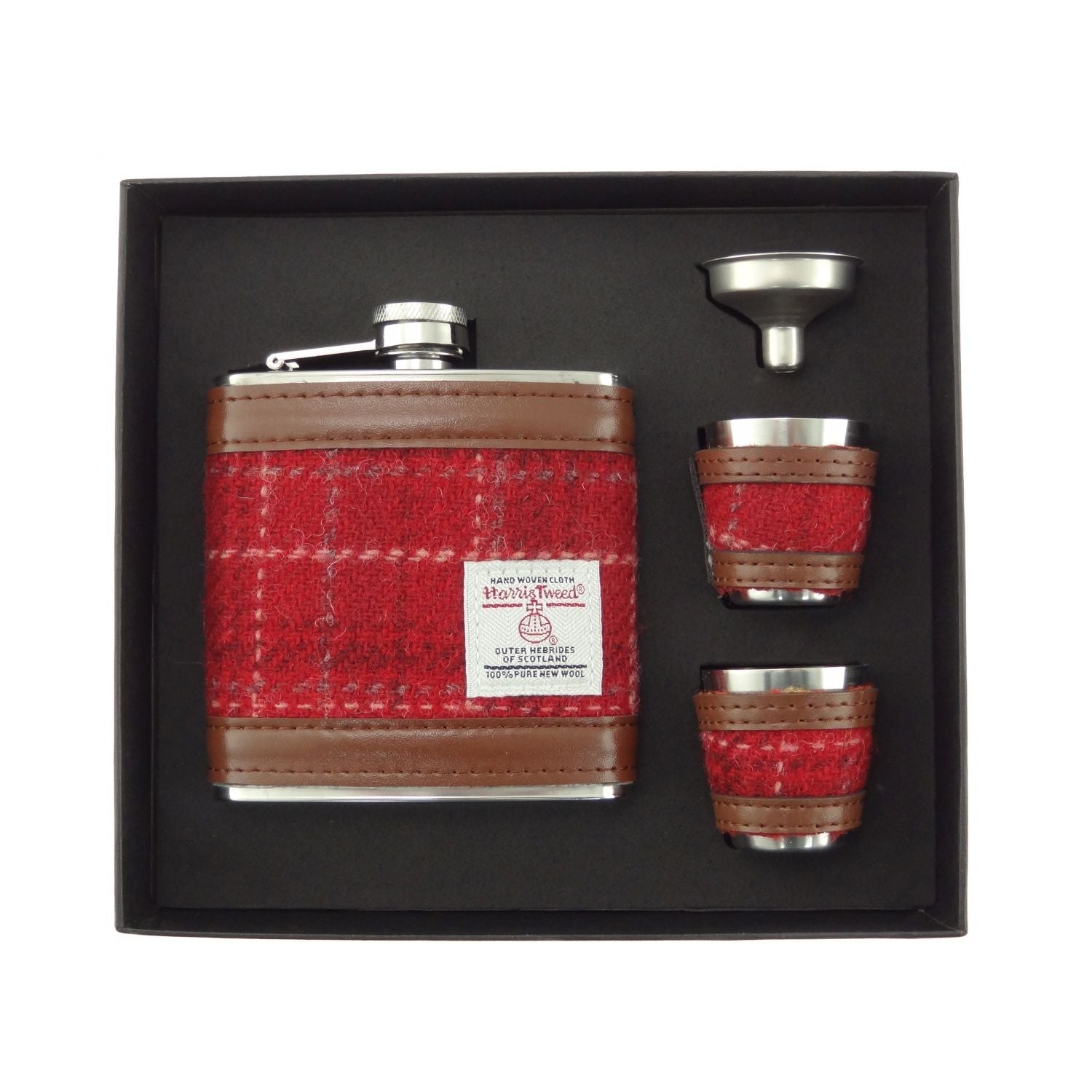 Harris Tweed 6oz Hip Flask Gift Set – Flask, Funnel and Cups - Heritage Of Scotland - Red Check (COL102)