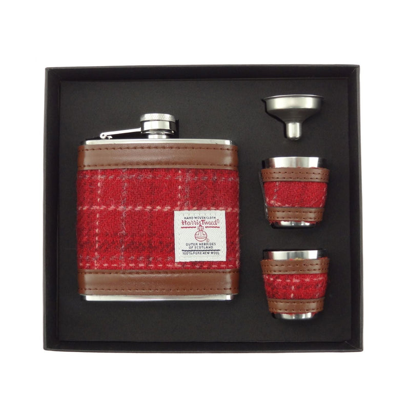 Harris Tweed 6oz Hip Flask Gift Set – Flask, Funnel and Cups - Heritage Of Scotland - Red Check (COL102)